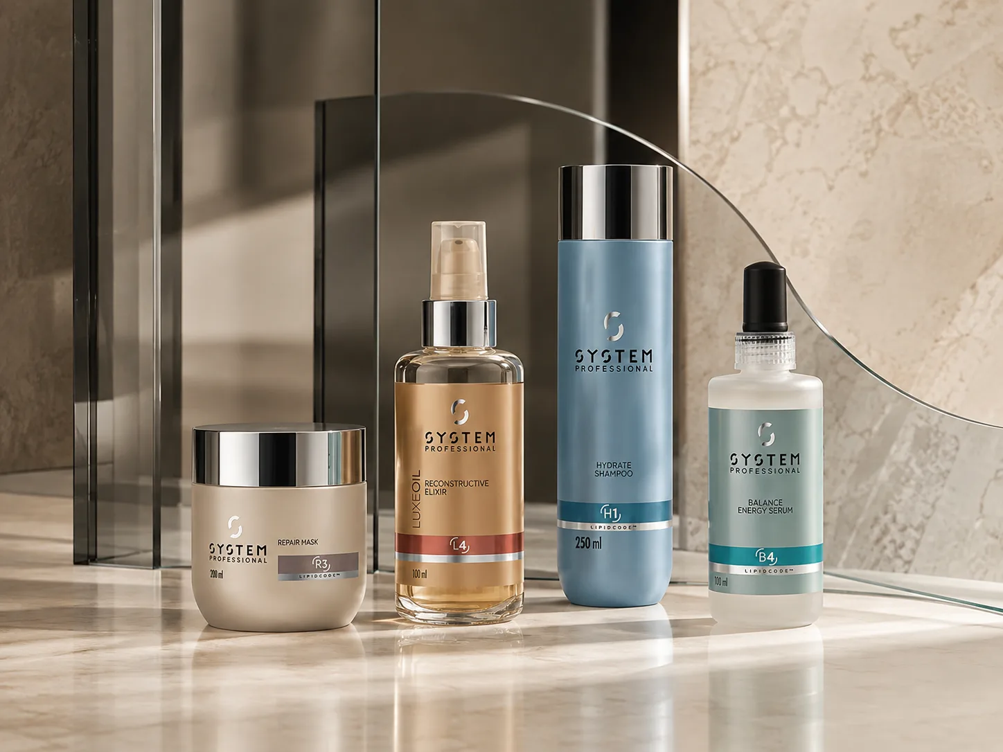 SYSTEM PROFESSIONALのLUXEOIL、HYDRATE、REPAIR、BALANCEを配した正規取扱キャンペーンビジュアル